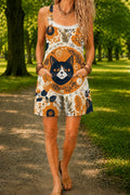 Women’s Brown Cartoon Cat Print Casual Cotton Wide Leg Romper