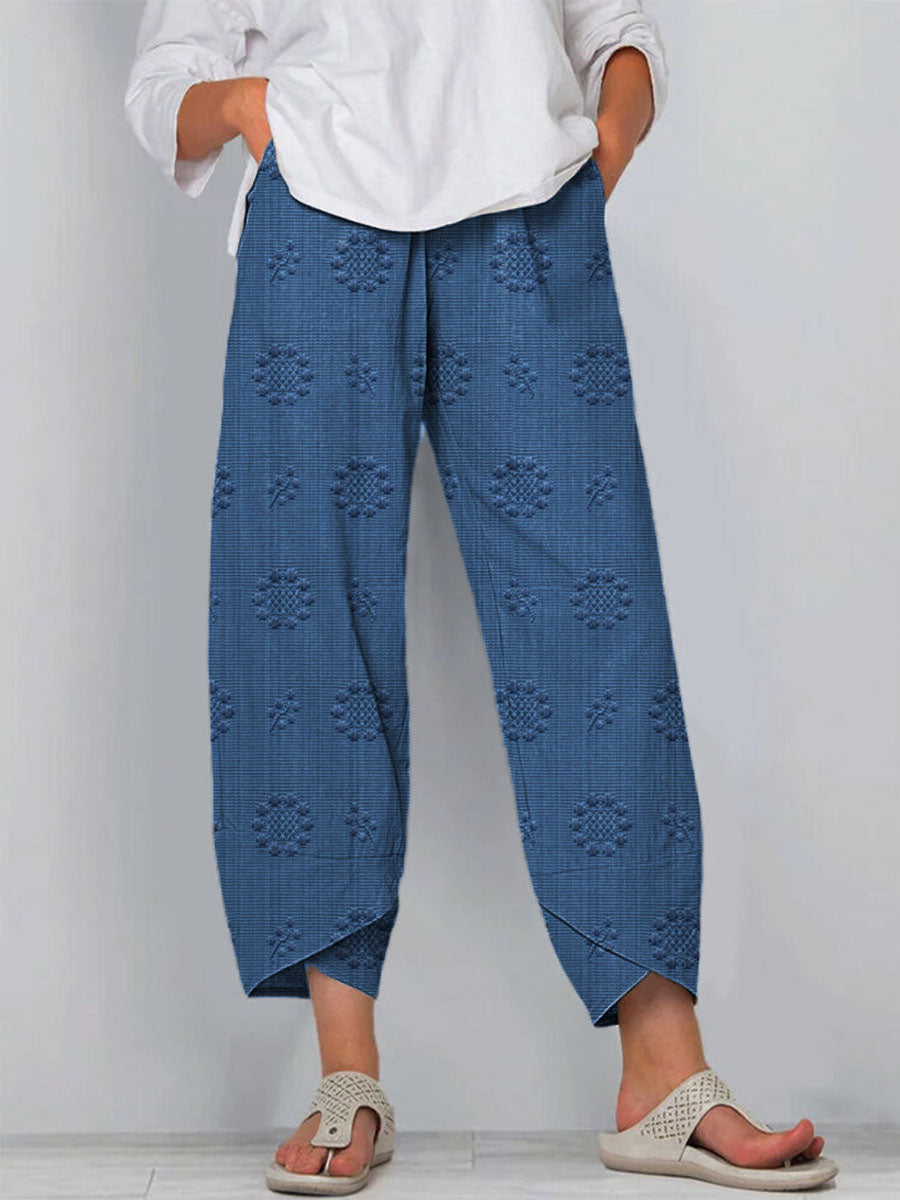 Women's Vintage Floral Art Printed Cotton And Linen Casual Pants