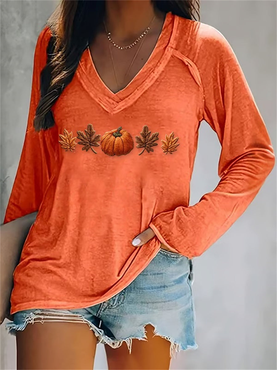 Women's Autumn Maple Leaf Pumpkin Print V-neck Long Sleeve T-Shirt