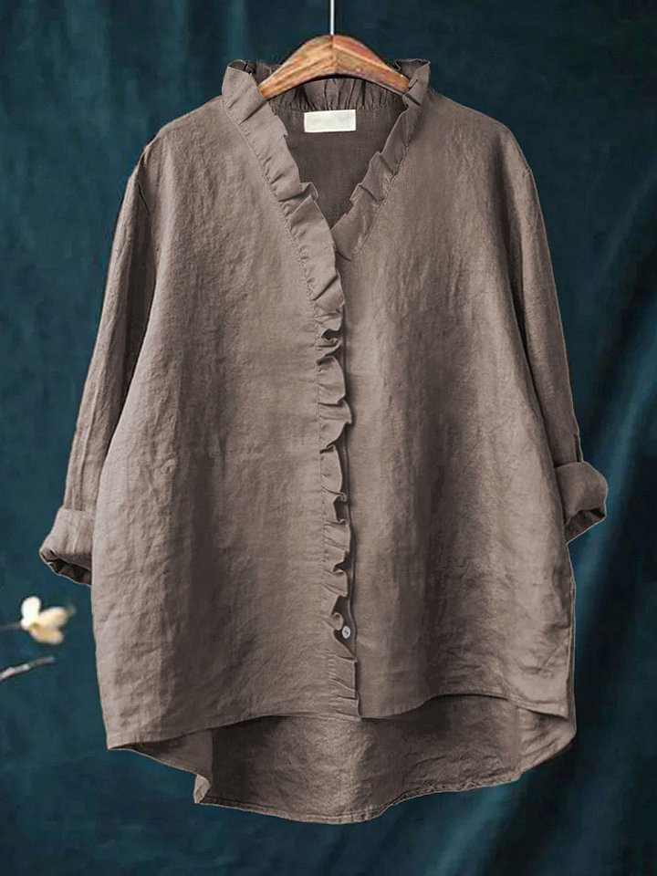 Women's Casual Cotton And Linen Ruffle Shirt RB146