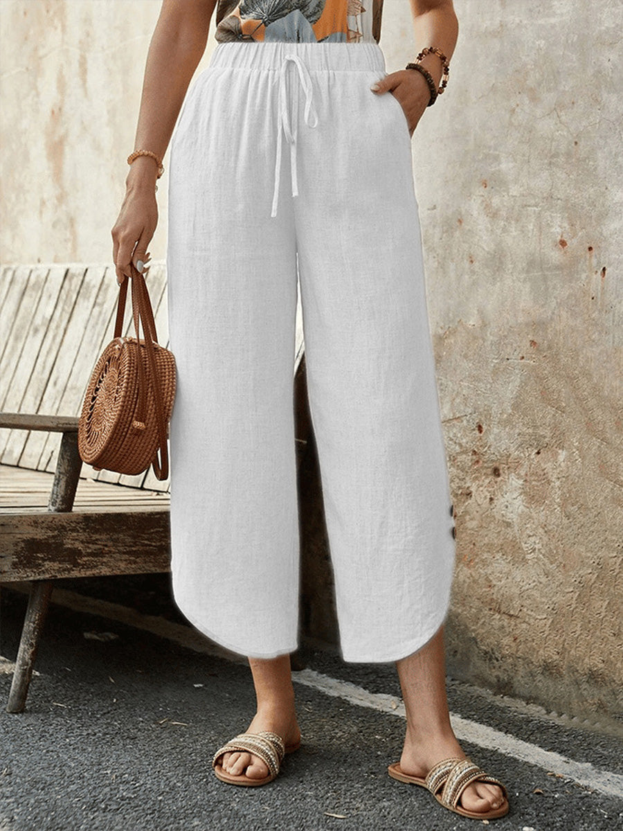 Women's Cotton And Linen Drawstring Nine-Quarter Casual Pants