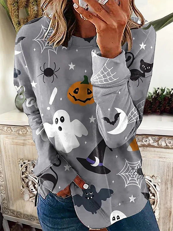 Gray Casual Graphic Tops Round Neck Long Sleeve Halloween Printed Sweatshirts