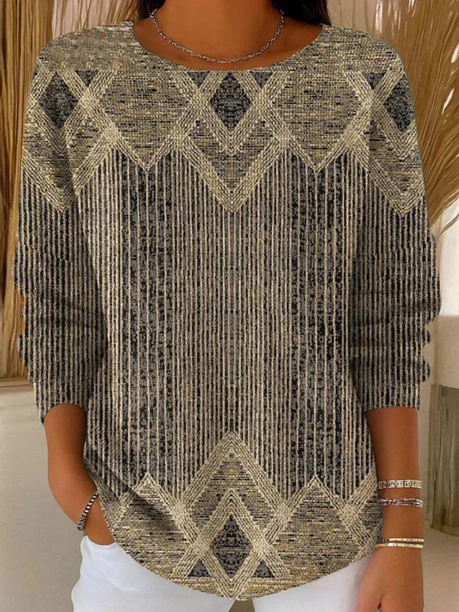 Vintage Striped Round Neck Long Sleeve T-Shirt