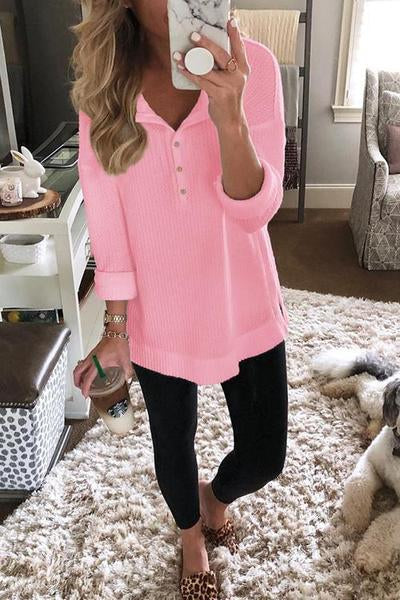 Solid Color Buttons Casual V-neck Long Sleeve T-shirt
