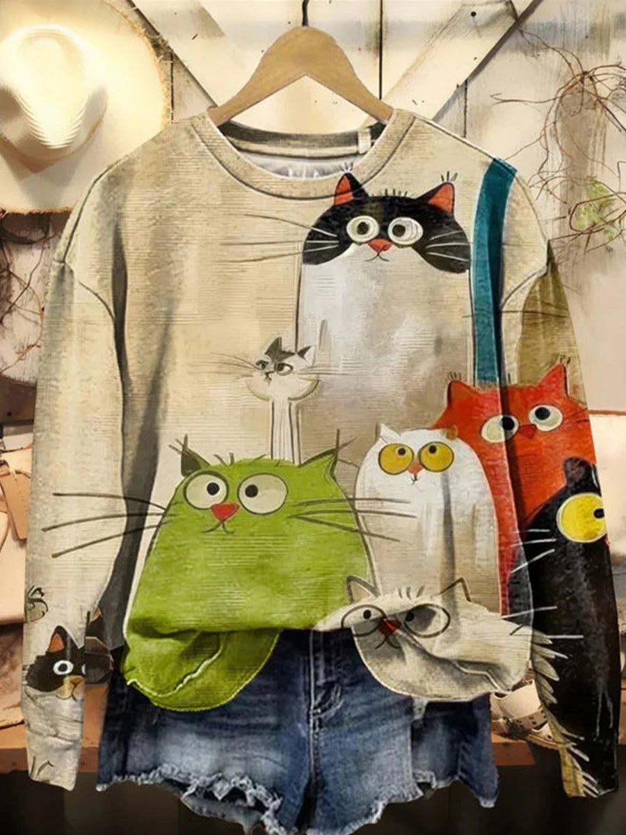 Casual Cat Print Round Neck Long Sleeve Sweatshirt