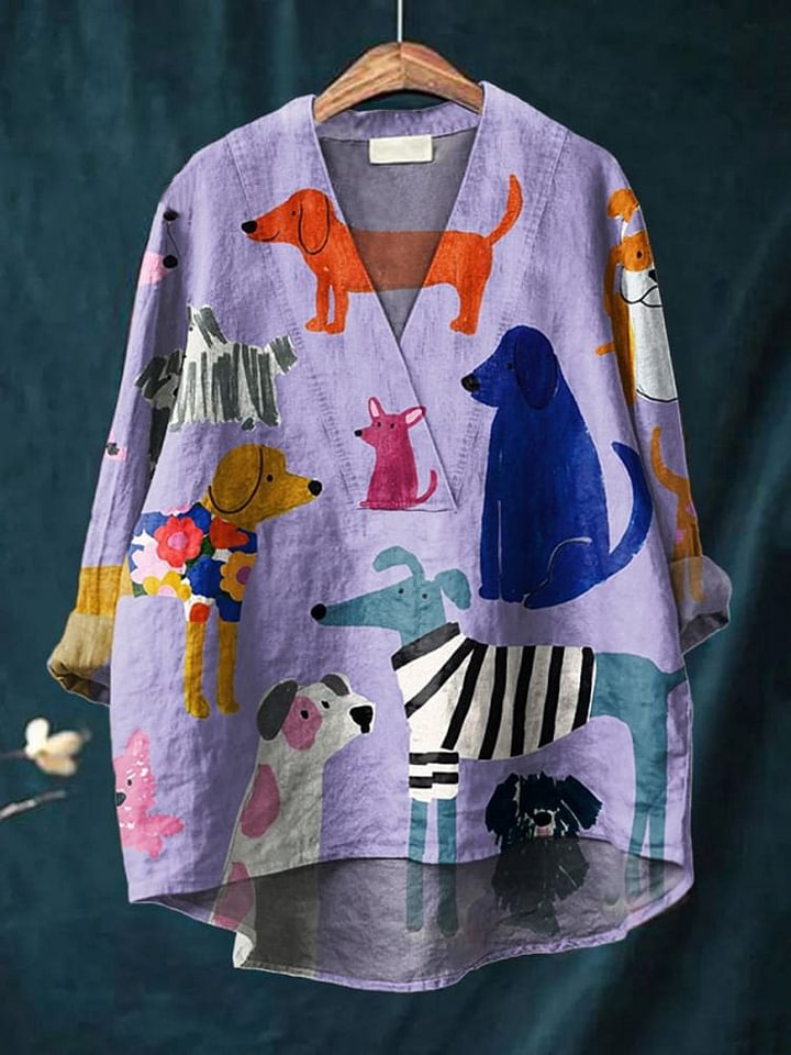 Women's Dog Art Print Casual Cotton And Linen V-neck Shirt