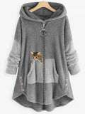 Gray Casual Graphic Tops Long Sleeve Cat Printed with Zipper Pockets Hoodie
