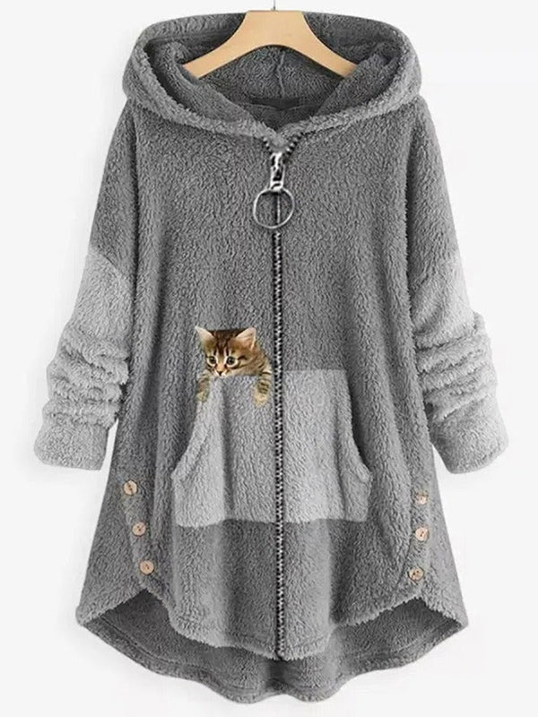 Gray Casual Graphic Tops Long Sleeve Cat Printed with Zipper Pockets Hoodie