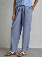 Women's Stylish Drawstring Buttoned Pocket Casual Cotton And Linen Pants