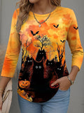 Halloween Black Cat Pattern Vintage Round Neck Long Sleeve Blouse