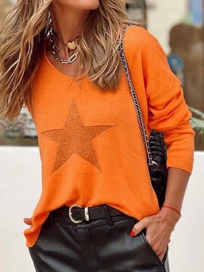 Orange Casual Graphic Tops V Neck Star Printed Long Sleeve Sweater