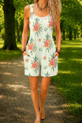 Women’s Cream Green Botanical Floral Print Casual Cotton Wide Leg Romper