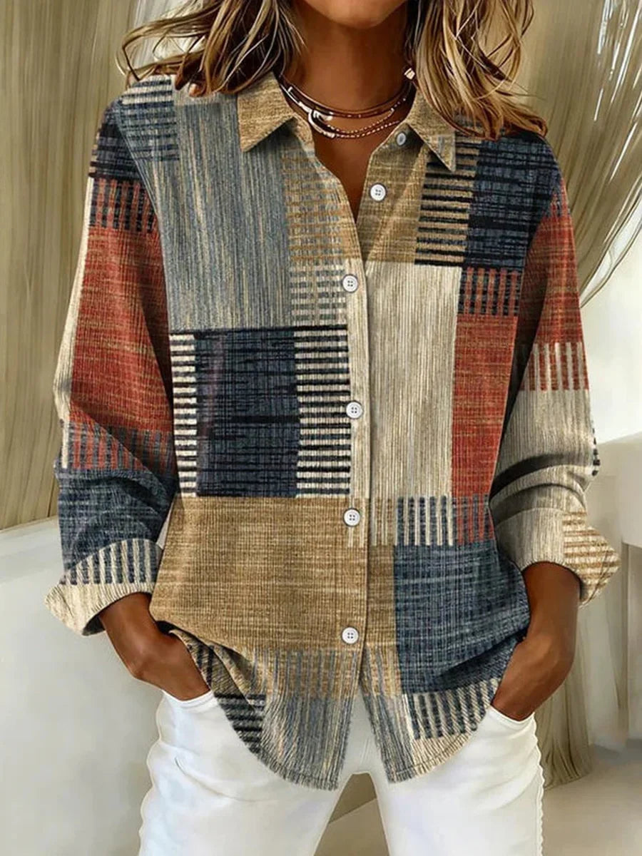 Vintage Color Block Long Sleeve Blouse