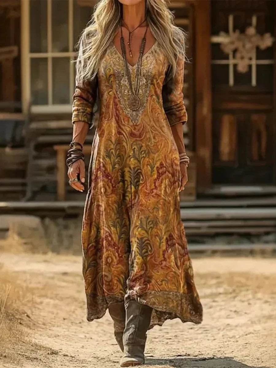Vintage Casual V-neck Long Sleeve Dress