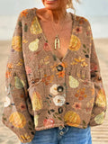 Women's Lovely Autumn Pumpkin Pattern Art Print  V-neck Long Sleeve Casual Pullover Sweater