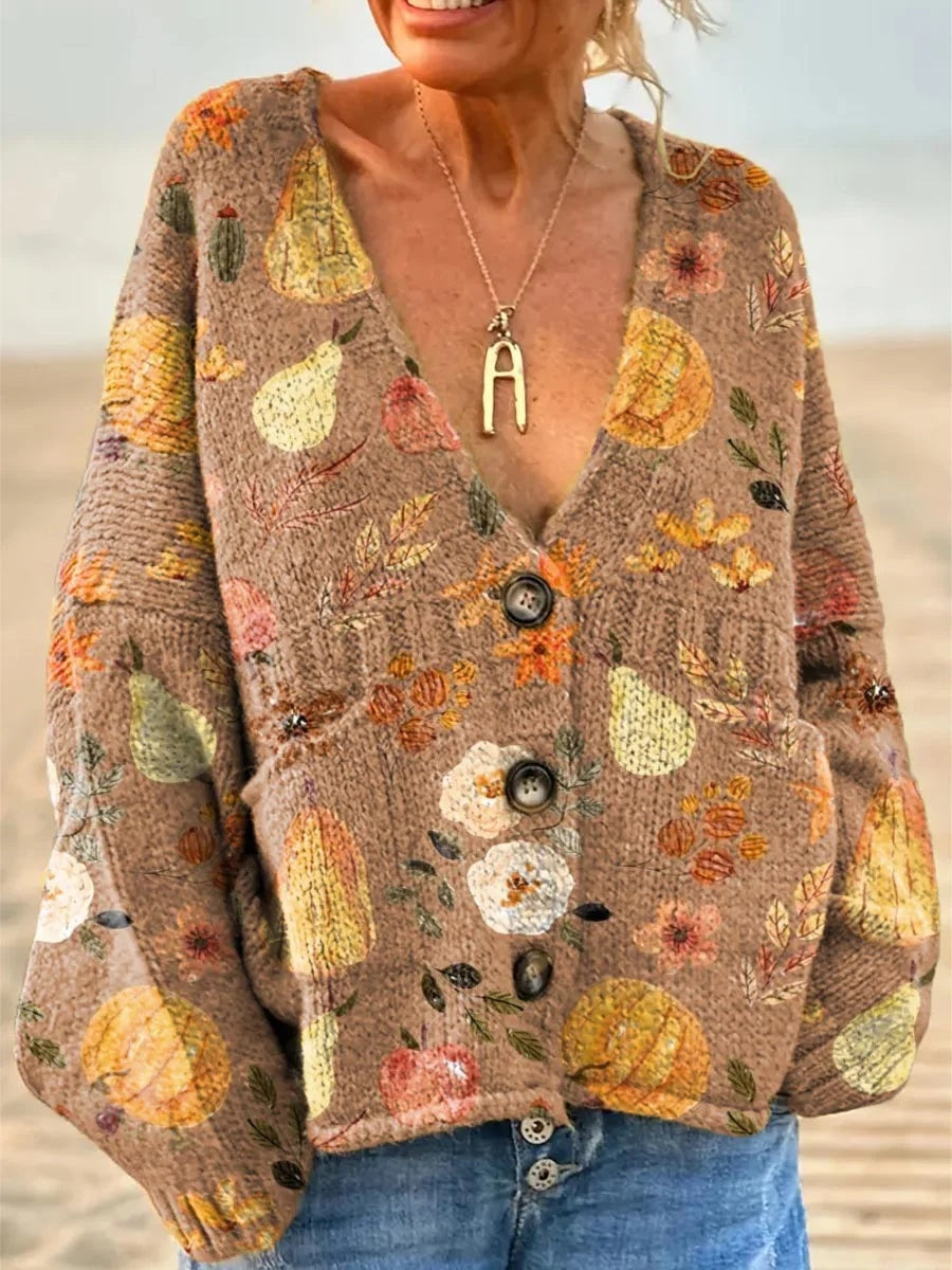Women's Lovely Autumn Pumpkin Pattern Art Print  V-neck Long Sleeve Casual Pullover Sweater