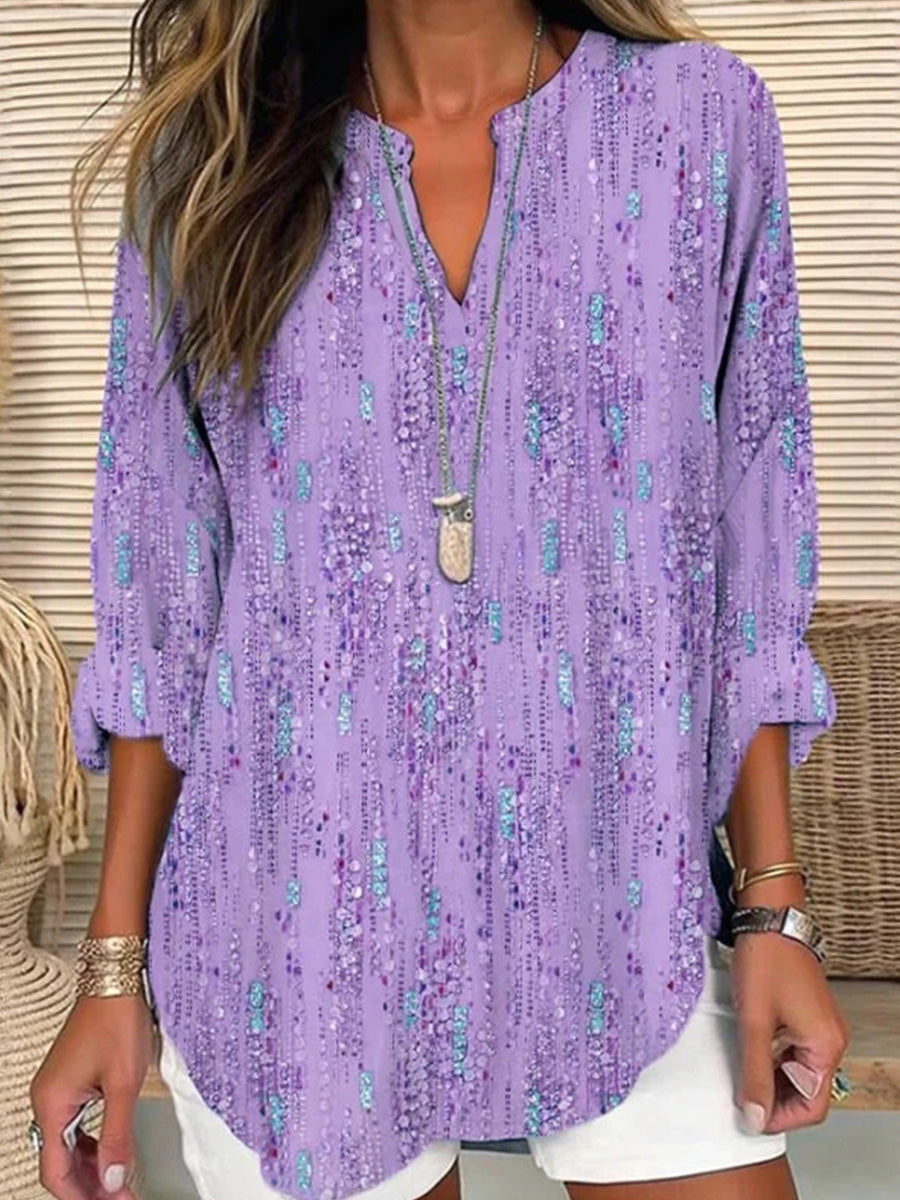Casual Printed V-neck Long Sleeve Blouse