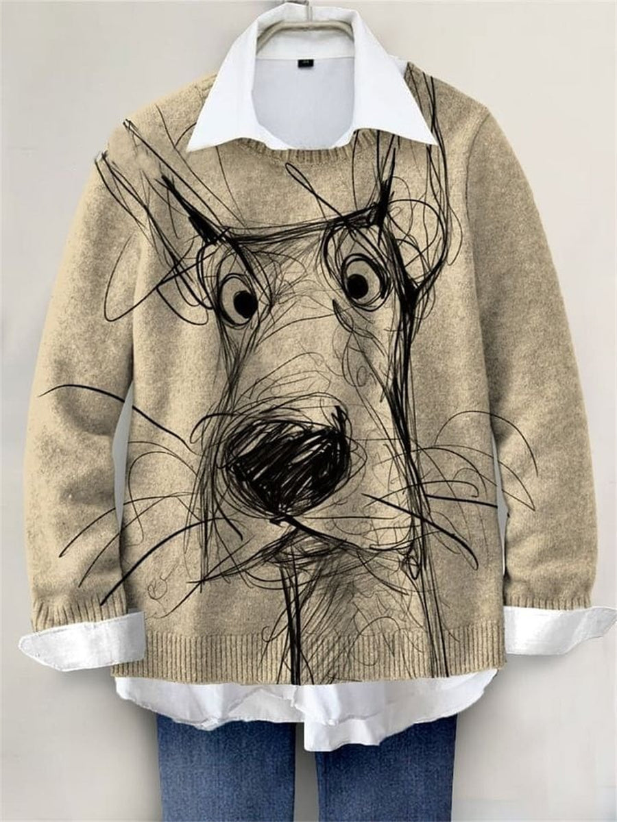 Cute Dog Hand-Painted Art Print Long Sleeve Pullover Sweater