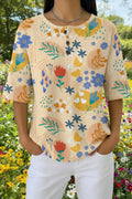 Womens Cream Sunflower Bee Print Casual Henley Shirt