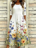 Casual Floral Print Round Neck 3/4 Sleeve Dress