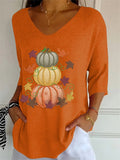 Women's Casual Autumn Pumpkin Striped V-neck 3/4 Sleeve T-Shirt
