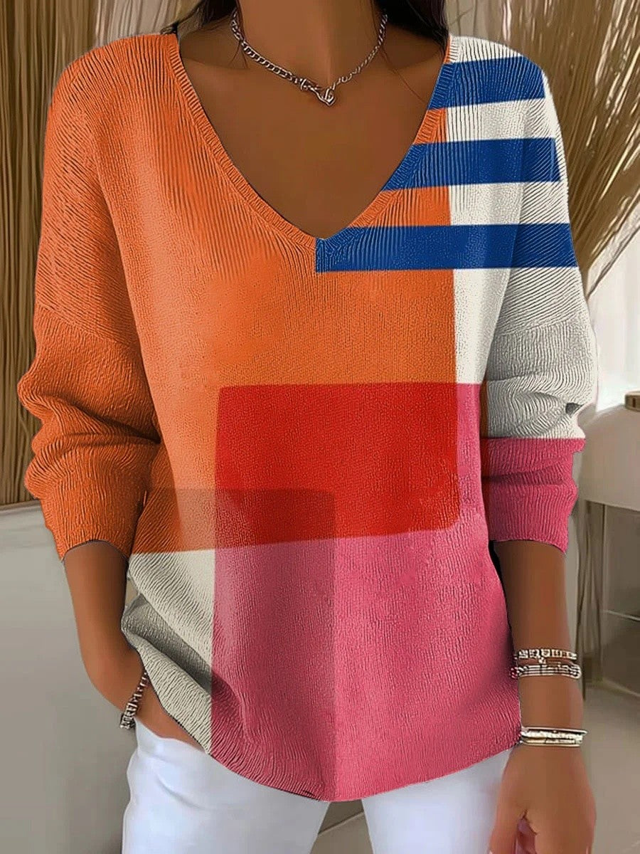Women's Minimalist Abstract Casual Print V-neck Long Sleeve Pullover Sweater