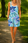 Women’s Blue Green Tropical Leaf Print Casual Cotton Wide Leg Romper