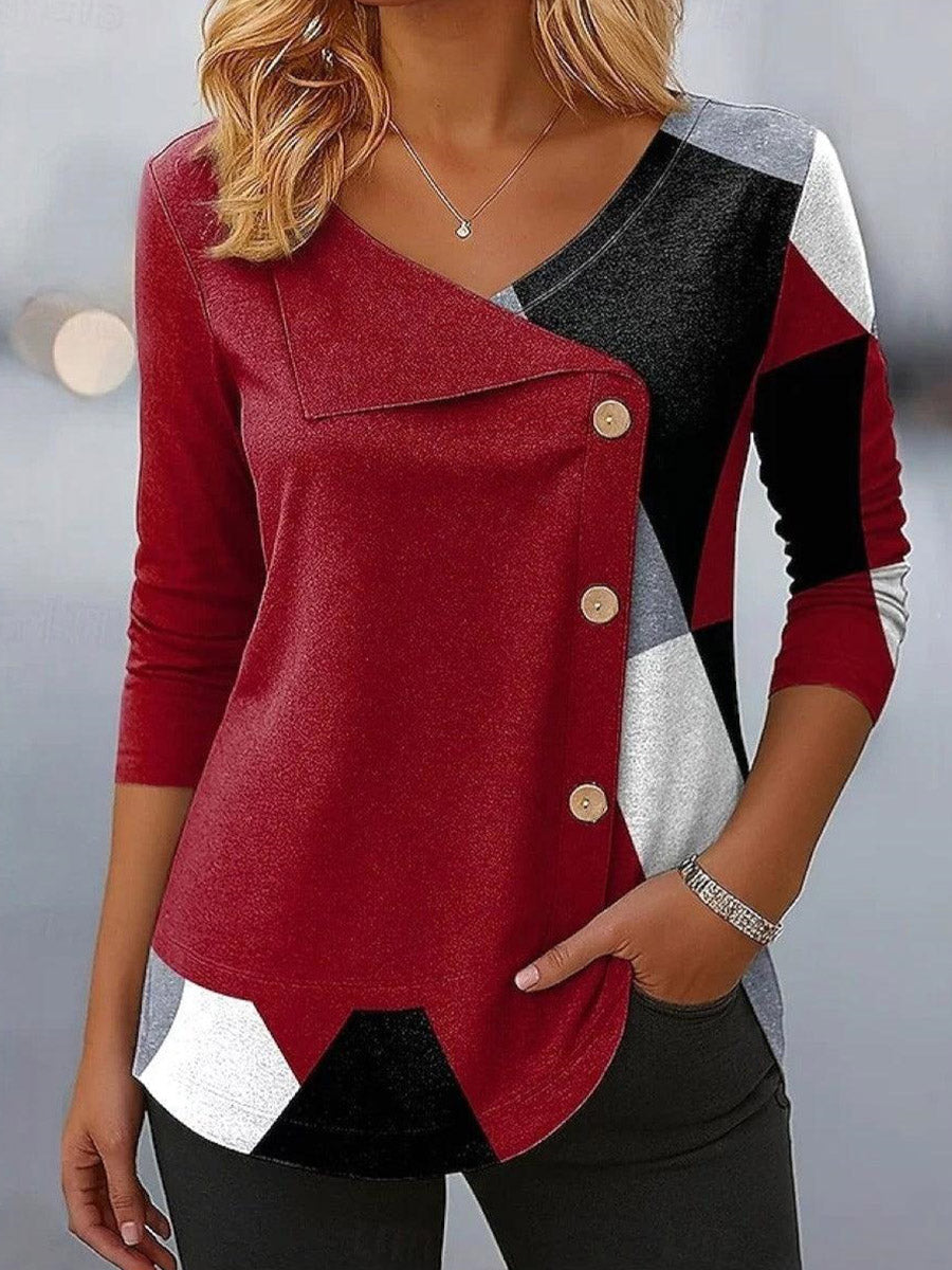 Unique Long Sleeve Color Block Print Top