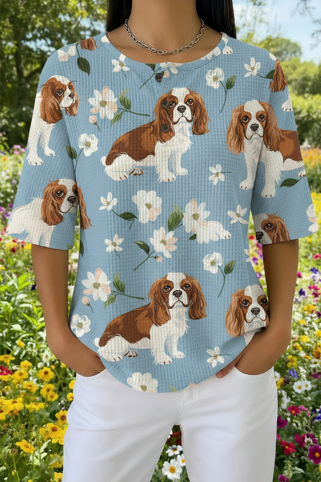 Womens Light Blue Floral Cavalier Spaniel Print Casual Shirt