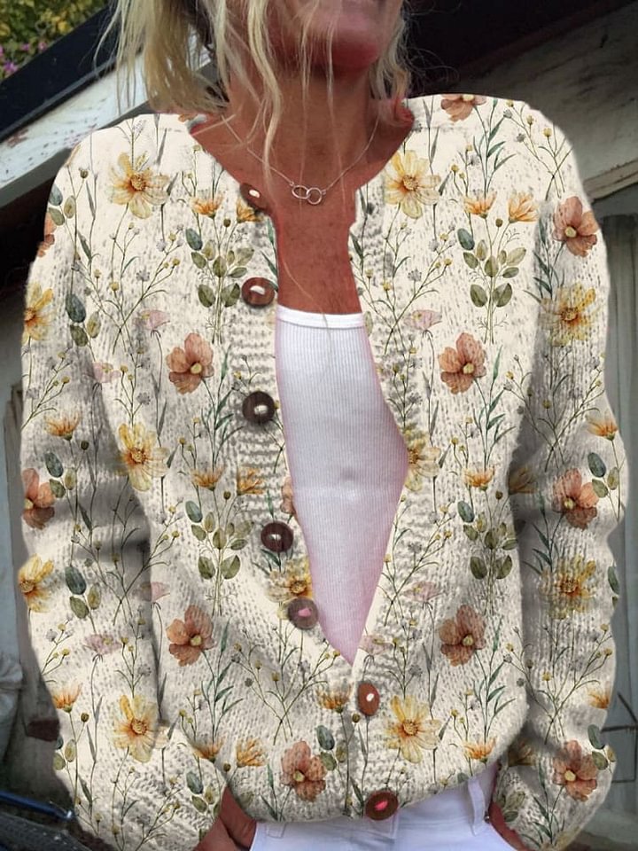 Watercolor Garden Floral Pattern Printed Buttoned Cardigan Sweater