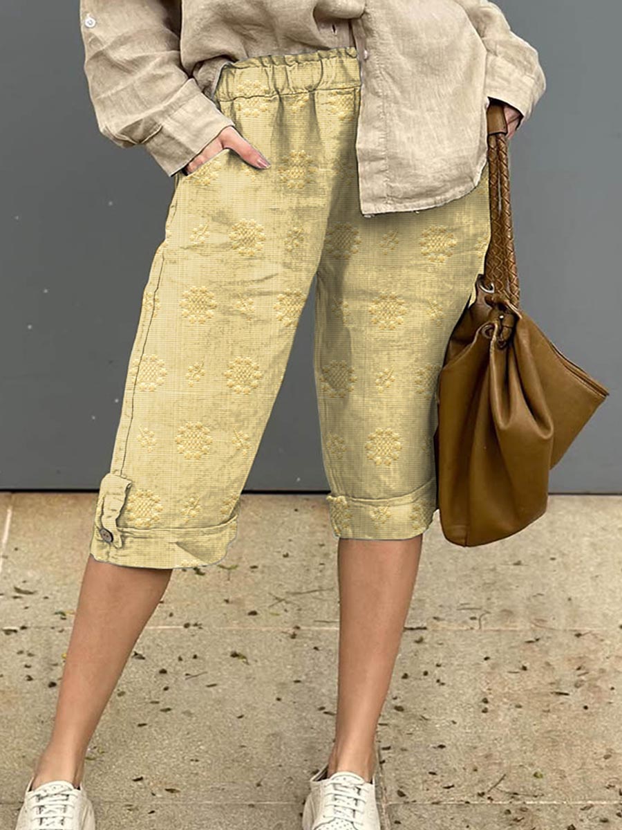 Women's Vintage Floral Pattern Art Printed Cotton And Linen Casual Pants