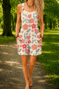 Women’s White Pink Rose Floral Print Casual Cotton Wide Leg Romper