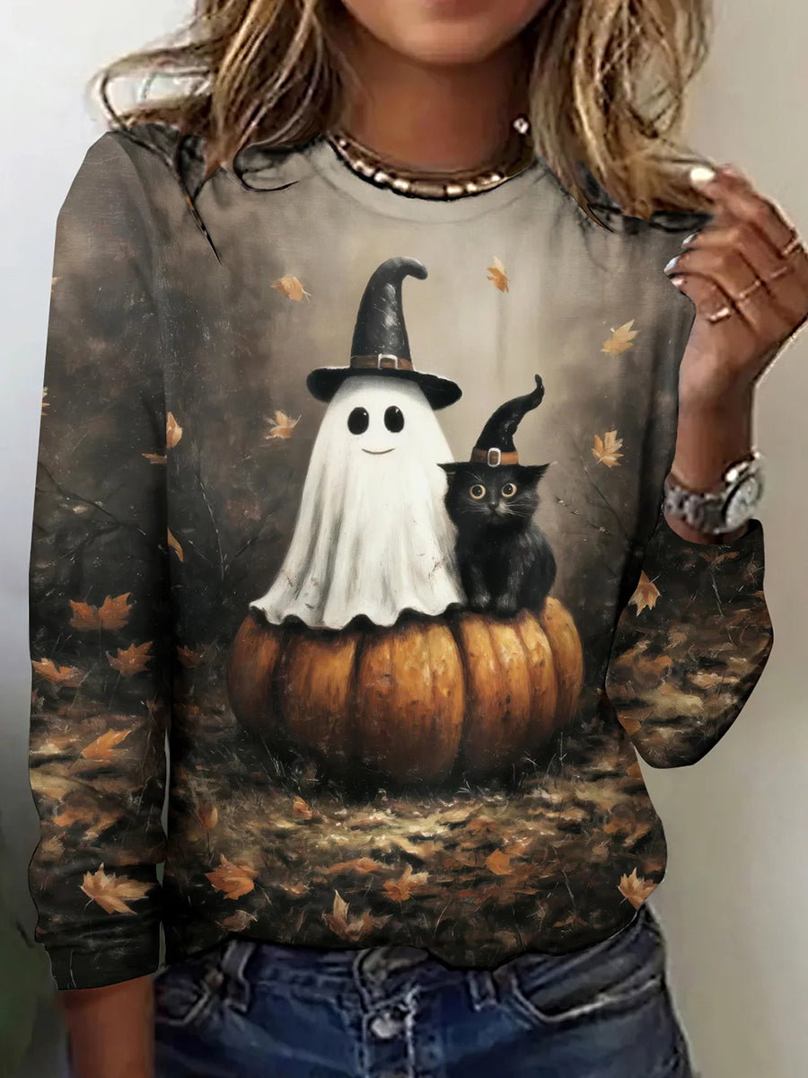Halloween Vintage Cute Ghost Print Round Neck Long Sleeve T-shirt