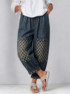Casual Retro Plaid-paneled Cropped Denim Jeans