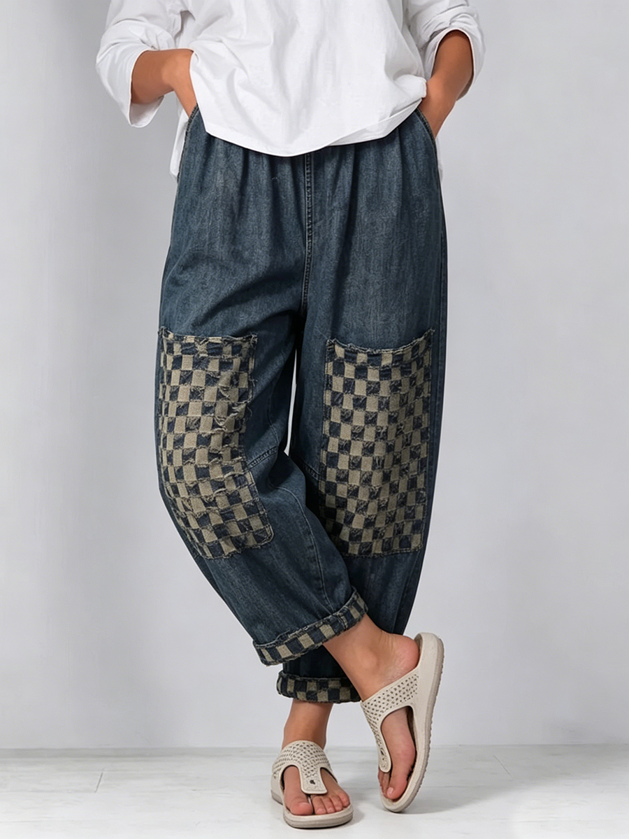 Casual Retro Plaid-paneled Cropped Denim Jeans