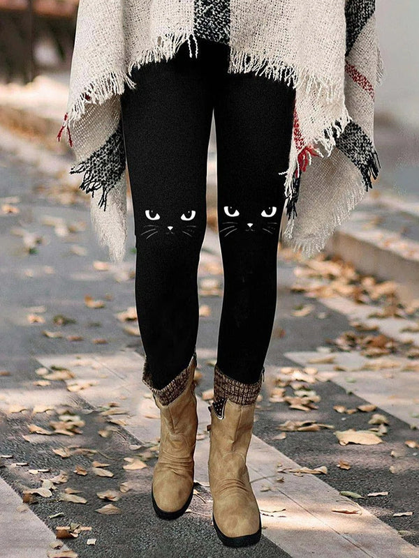 Black Casual Graphic Bottoms Cat Printed Leggings