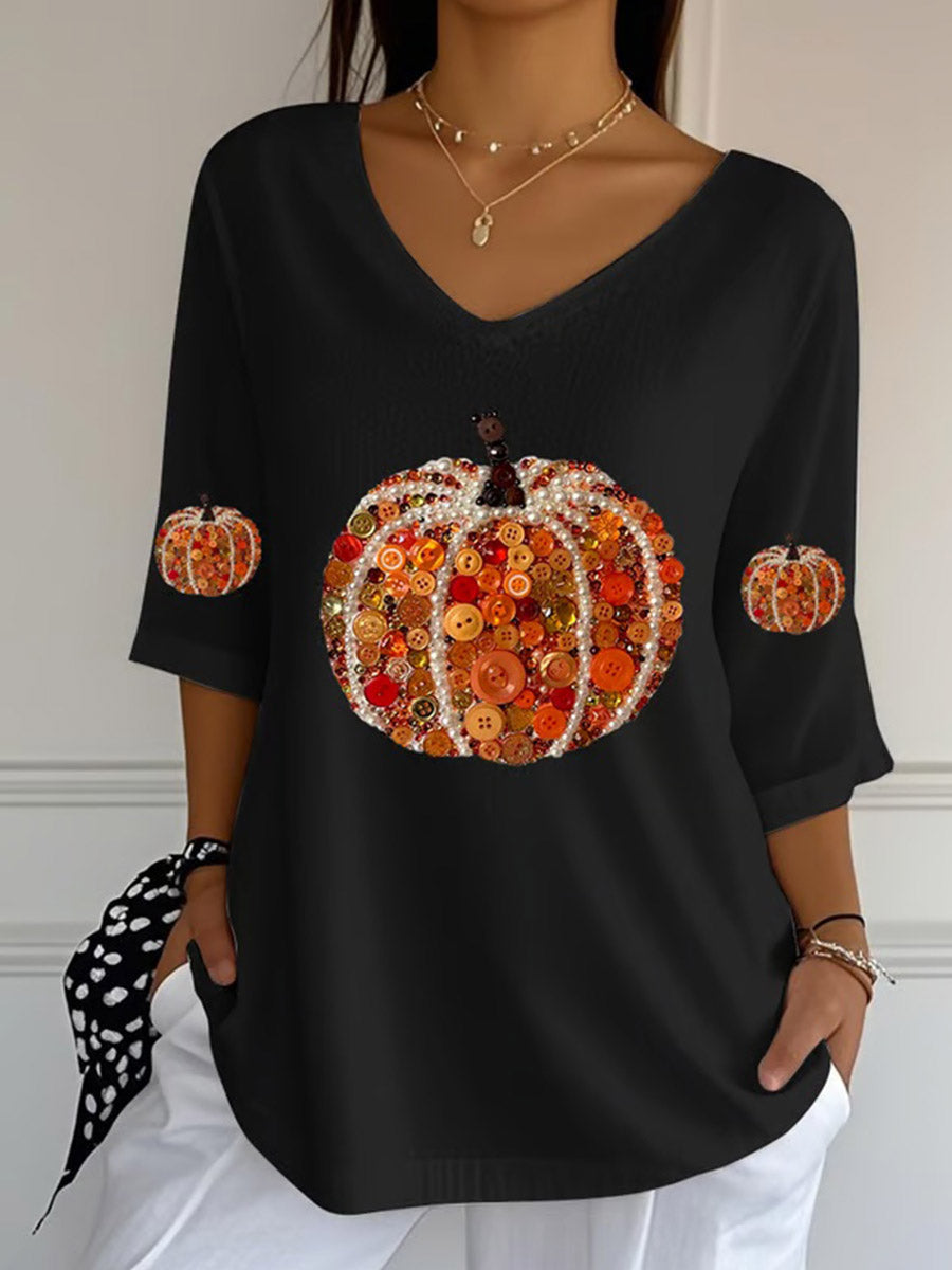 Women's Autumn Printed Casual V-Neck 3/4 Sleeve Top