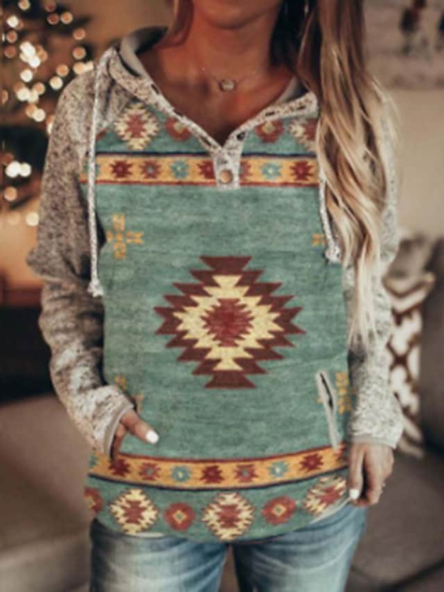 Casual Long Sleeve Geometric Print Hoodie