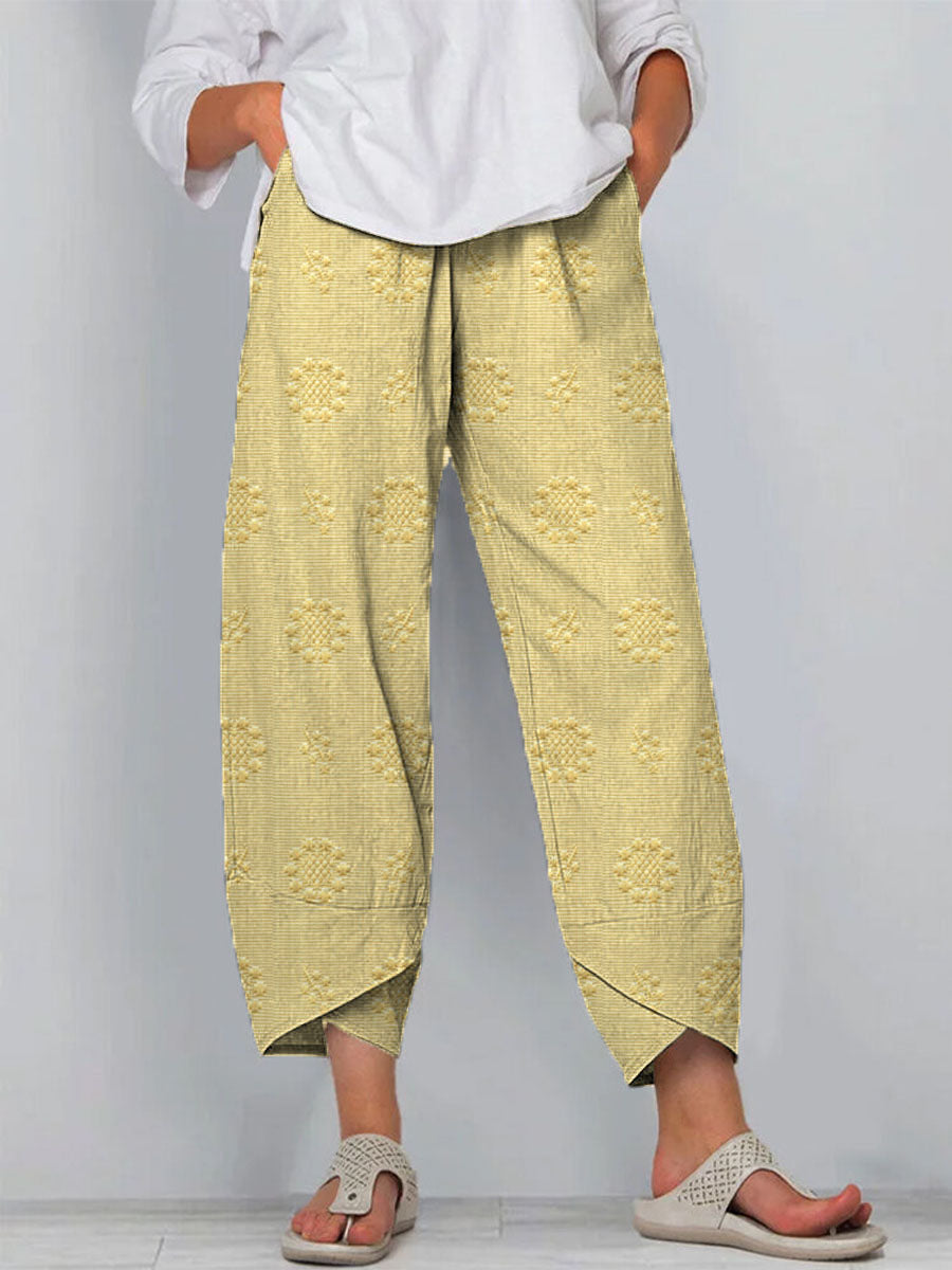 Women's Vintage Floral Art Printed Cotton And Linen Casual Pants