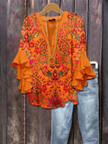 Vintage Floral Print V-neck 3/4 Sleeve Blouse