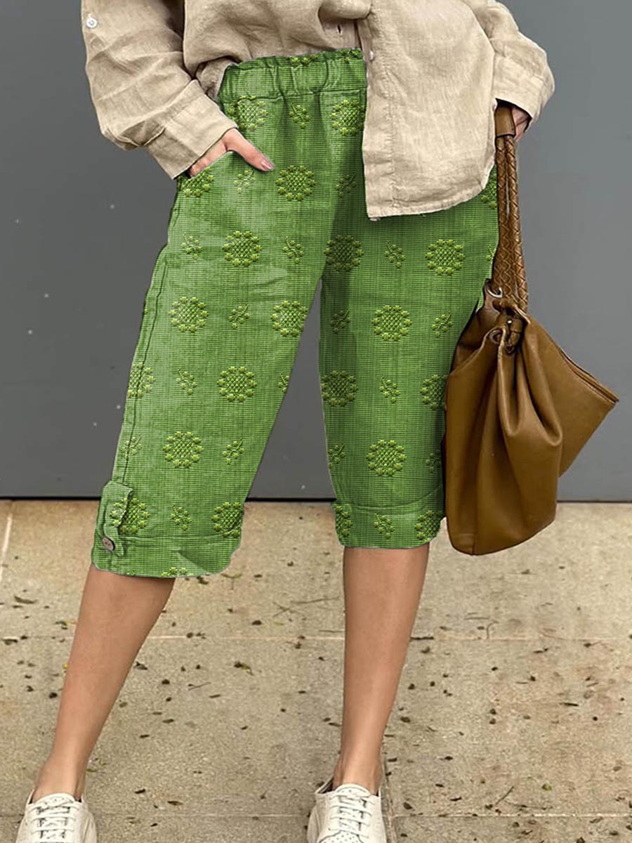 Women's Vintage Floral Pattern Art Printed Cotton And Linen Casual Pants