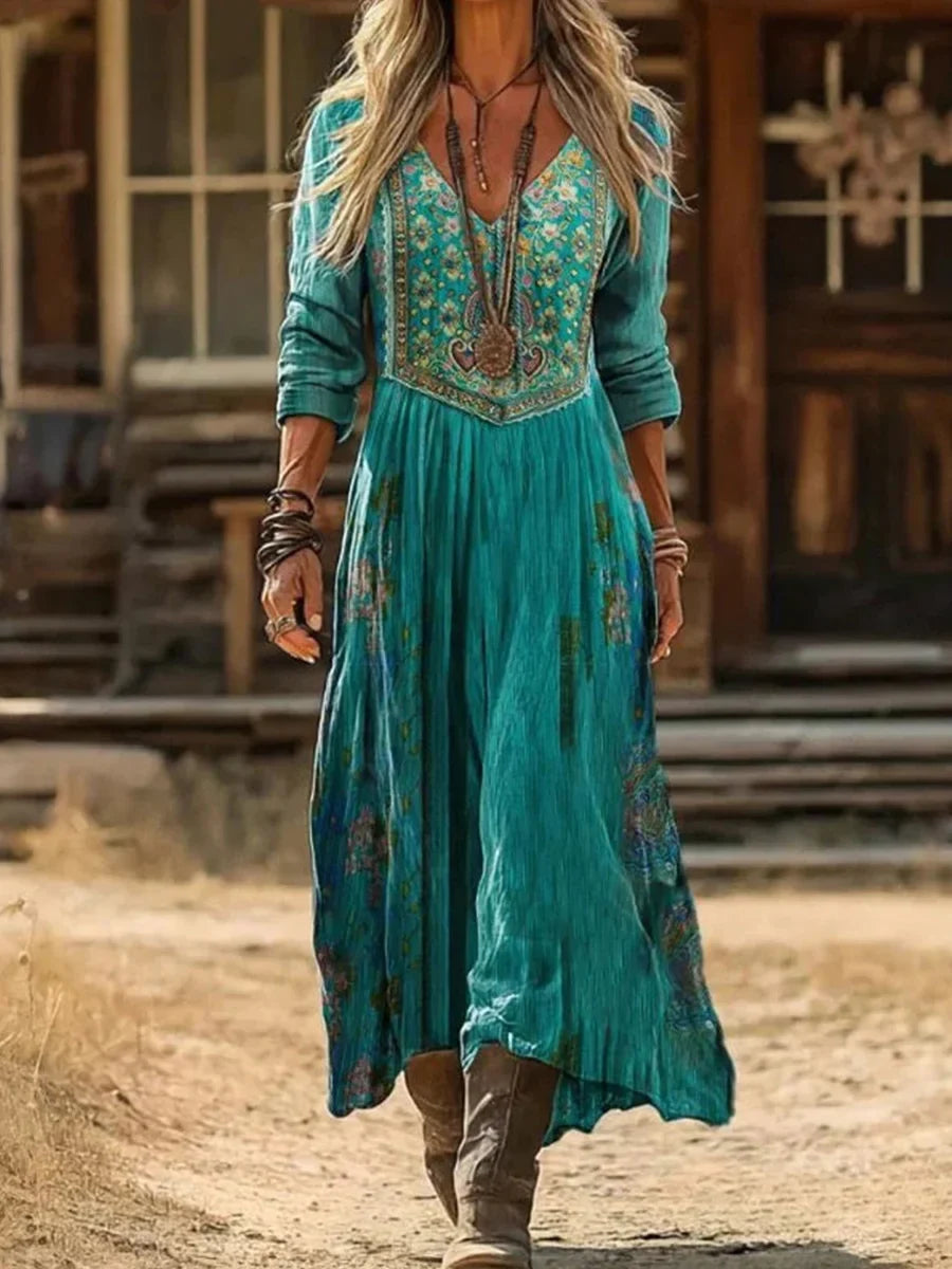 Vintage Floral Print V-neck Long Sleeve Dress