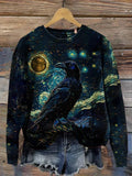Halloween Raven Print Round Neck Long Sleeve Sweatshirt