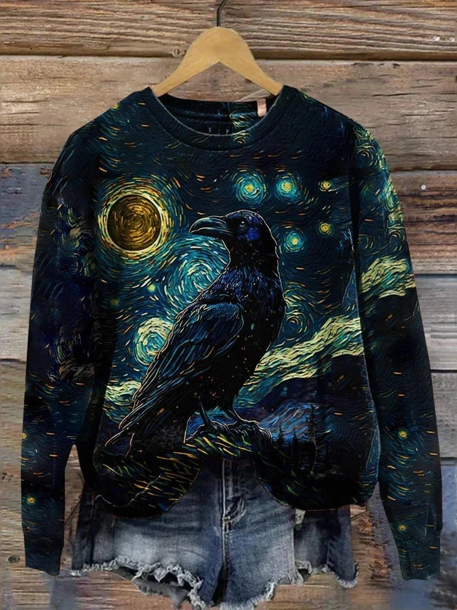 Halloween Raven Print Round Neck Long Sleeve Sweatshirt