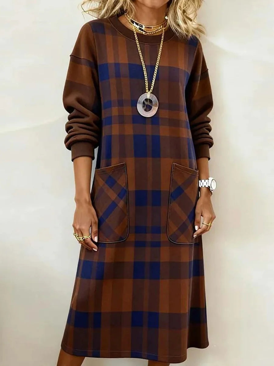 Brown Check Round Neck Long Sleeve Midi Dress