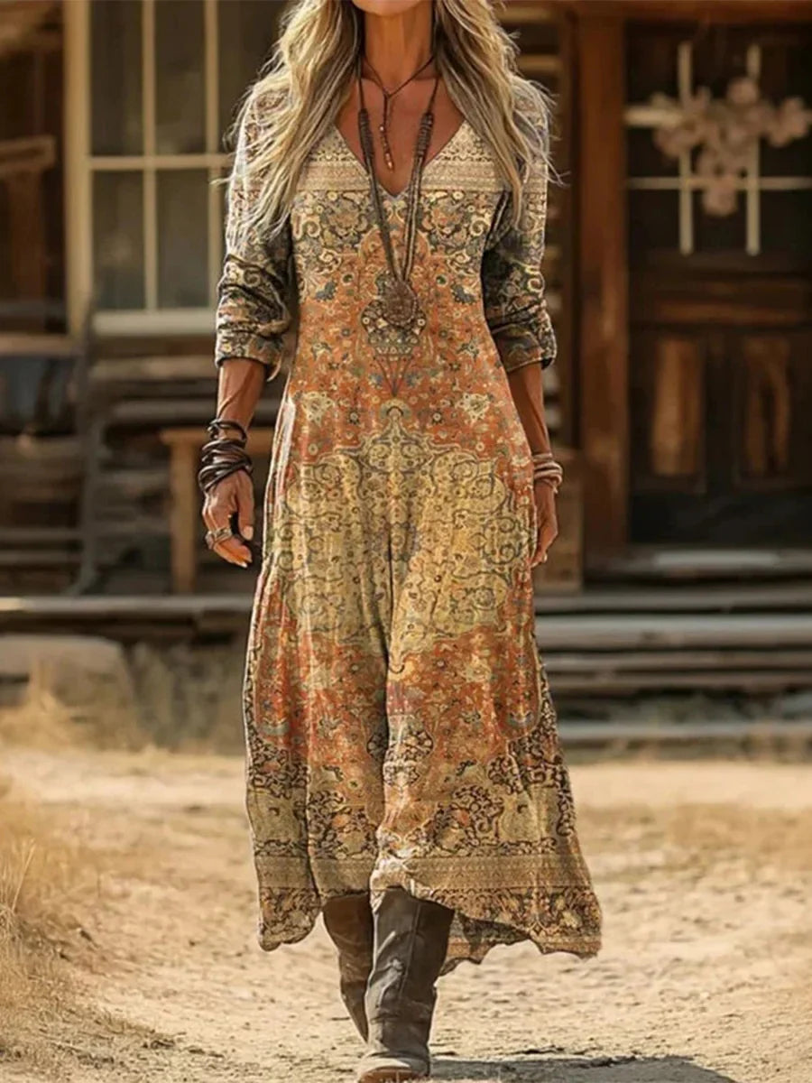 Vintage Ethnic Style V-neck Long Sleeve Dress