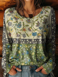 Colour Block Floral Round Neck Long Sleeve T-Shirt