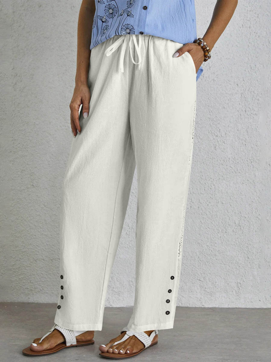 Women's Stylish Drawstring Buttoned Pocket Casual Cotton And Linen Pants