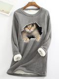 Gray Casual Graphic Tops Round Neck Long Sleeve Cat Printed Fleece Sweatshirt