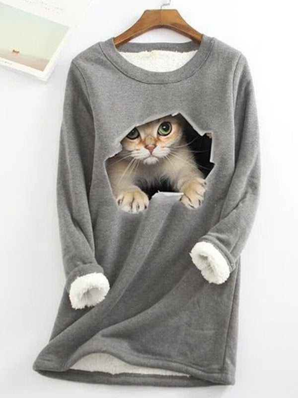 Gray Casual Graphic Tops Round Neck Long Sleeve Cat Printed Fleece Sweatshirt